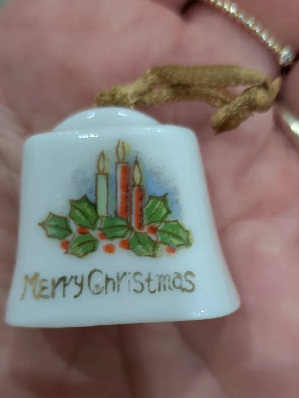 Mini Merry Christmas Ceramic Bell Ornament - White with Red & Green Candles